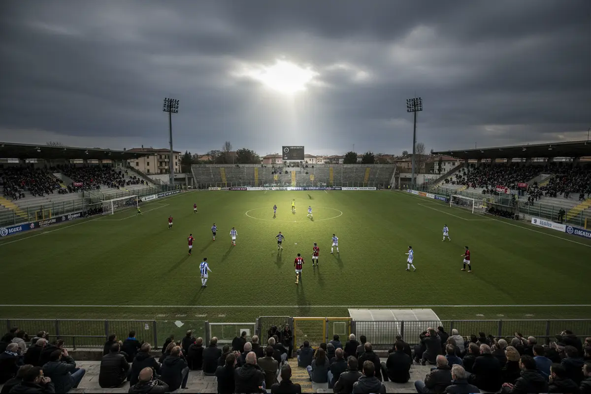 Stadio di calcio italiano con tribune semivuote e campo verde durante una partita di bassa classifica