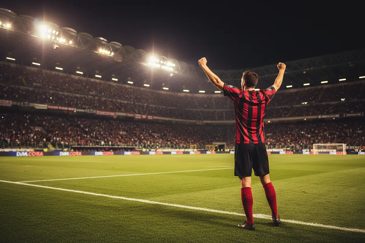 Attaccante di Serie A che esulta dopo un gol nello stadio illuminato