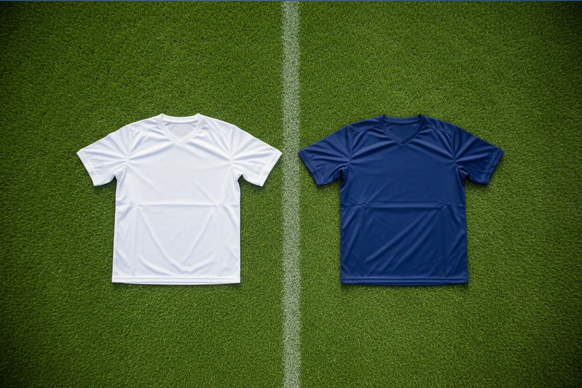 Due maglie da calcio affiancate su un campo di gioco in erba naturale