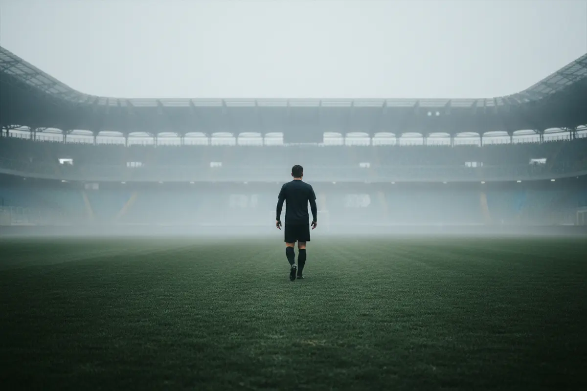 Calciatore su un campo di Serie A in una giornata invernale con tribune sullo sfondo