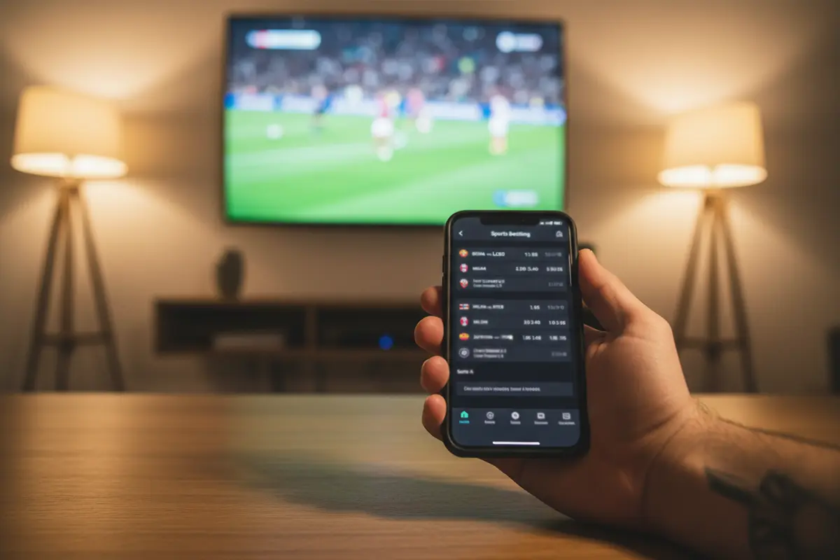 Smartphone con schermata di scommesse sportive su un tavolo accanto a un campo da calcio