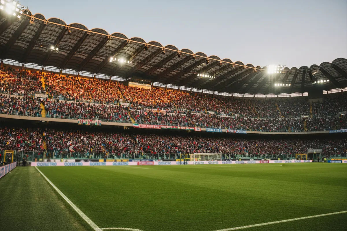 Tifosi di calcio in uno stadio di Serie A con spalti colorati e atmosfera serale