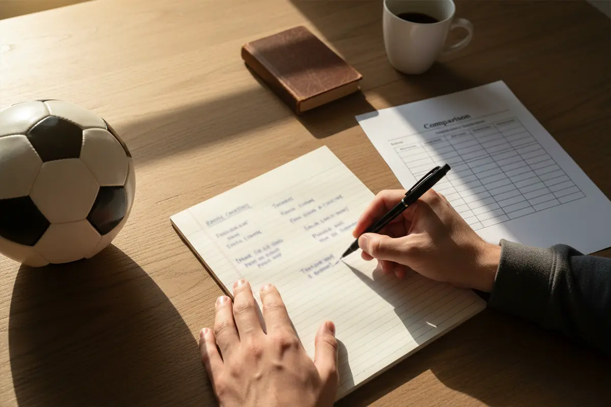 Persona che analizza dati su un foglio con appunti accanto a un campo da calcio sfocato