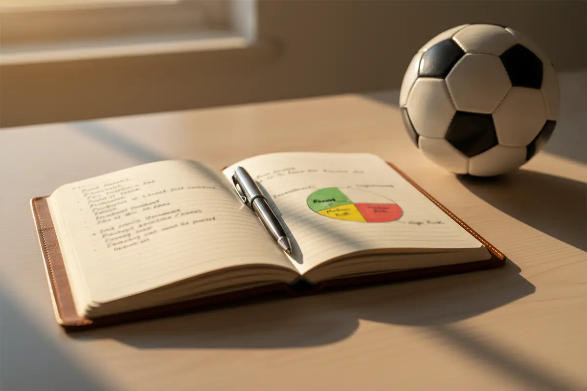 Quaderno aperto con appunti e penna su una scrivania accanto a un pallone da calcio