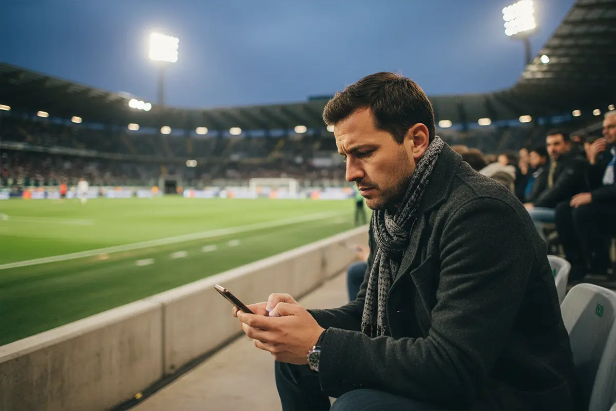 Tifoso di calcio riflette sulla decisione di cash out allo stadio durante una partita di Serie A