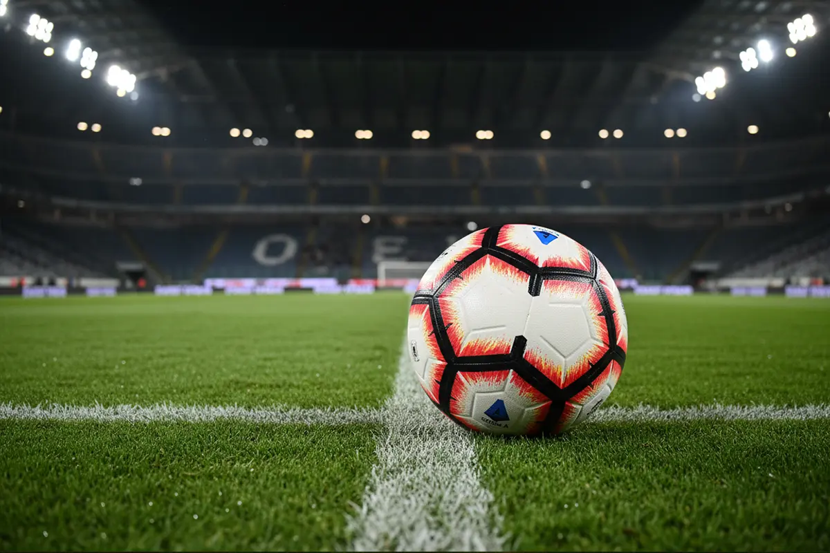 Primo piano di un pallone da calcio su un campo di Serie A con luci dello stadio sullo sfondo