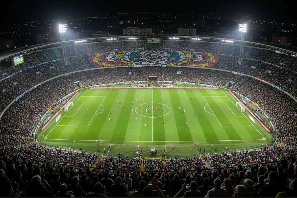Campo da calcio di Serie A visto dall'alto con il cerchio di centrocampo in primo piano sotto i riflettori
