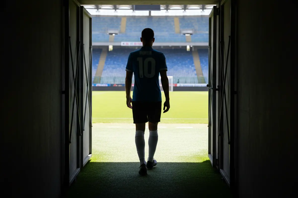Giocatore di calcio in Serie A cammina nel tunnel dello stadio prima della partita con maglia nuova dopo il trasferimento