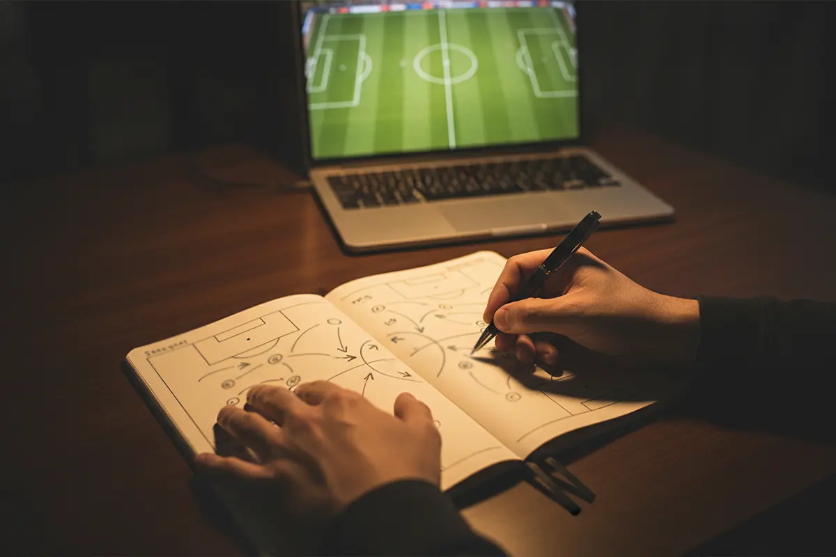 Analista sportivo studia le statistiche di una partita di calcio di Serie A su un quaderno con appunti tattici
