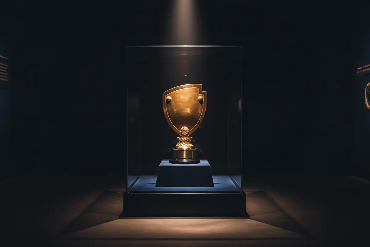 Trofeo dello scudetto di Serie A esposto in una teca illuminata di un museo sportivo italiano