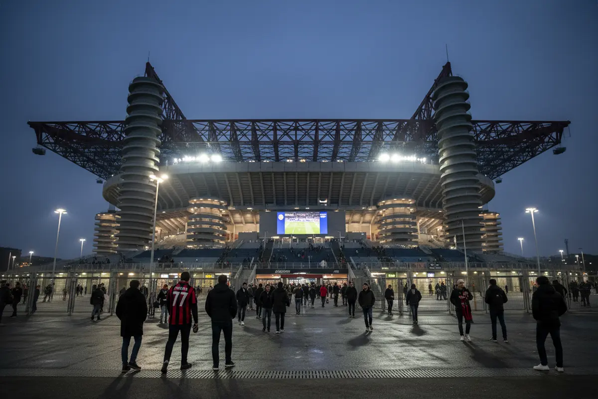 Stadio San Siro visto dall'alto durante una partita serale del Milan in Serie A