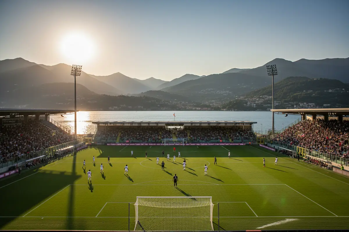 Vista del lago di Como con lo stadio sullo sfondo in una giornata di partita di calcio