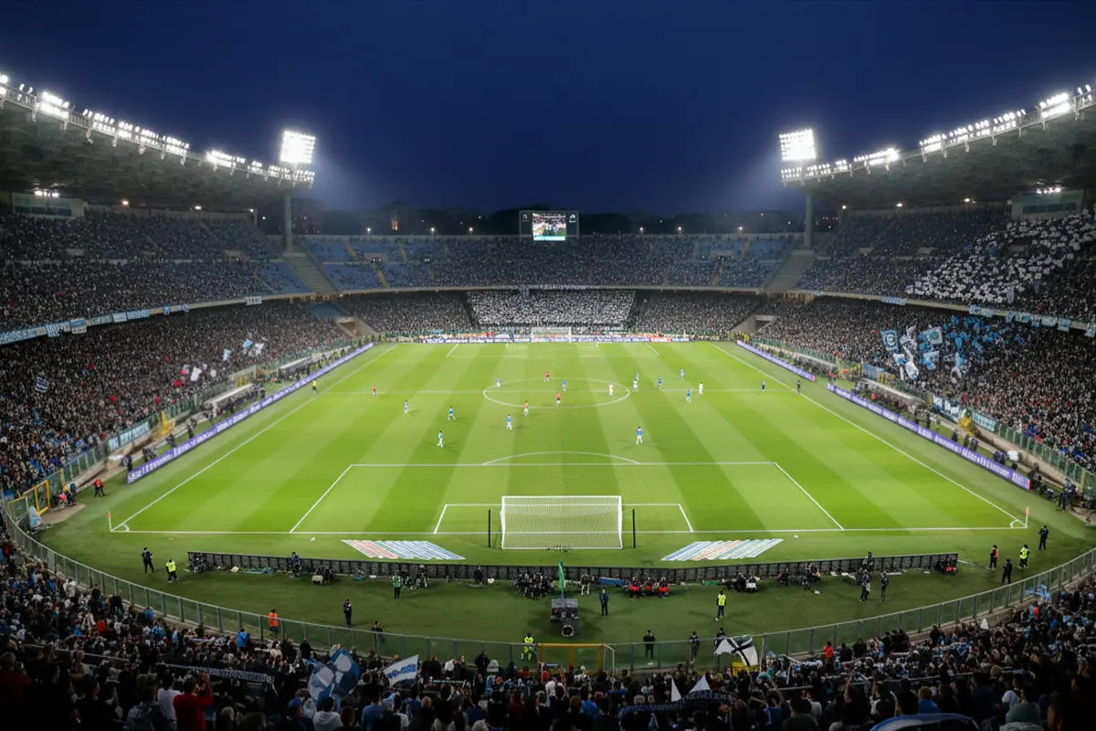 Stadio Olimpico di Roma illuminato durante una partita serale della Lazio in Serie A