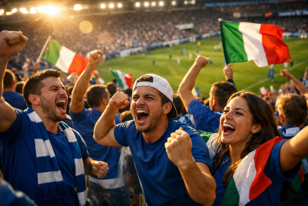Tifosi italiani esultano allo stadio durante una partita di Serie A con lo scudetto tricolore in primo piano
