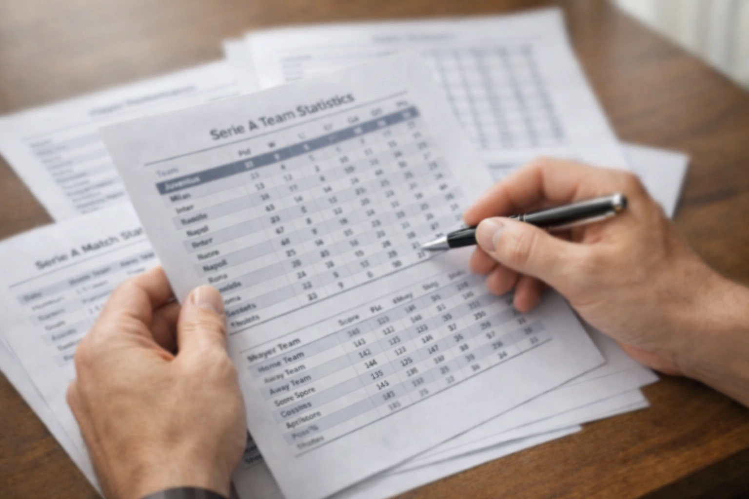 Persona analizza statistiche calcistiche su documenti cartacei