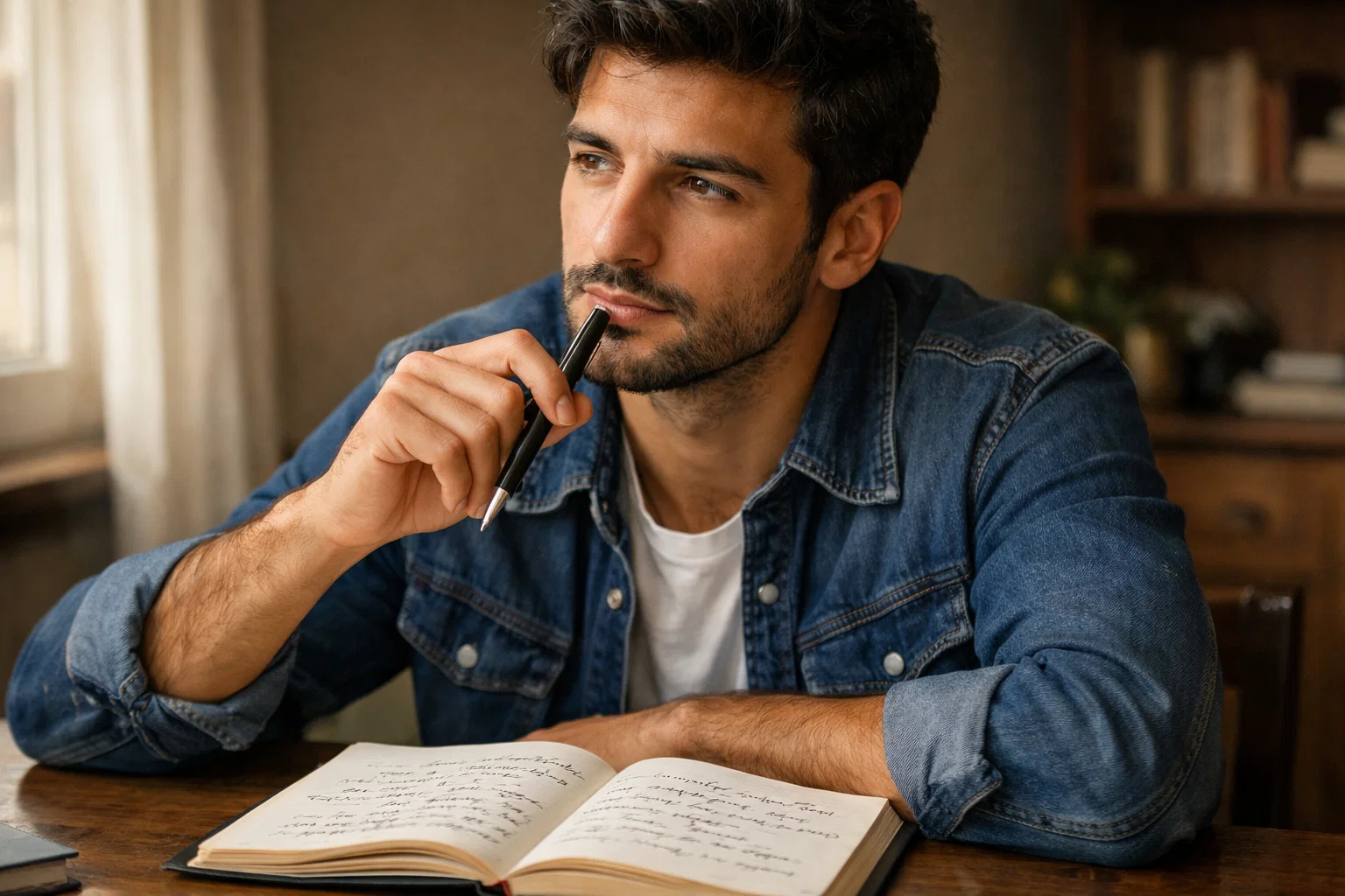 Persona pensierosa davanti a un blocco note con appunti