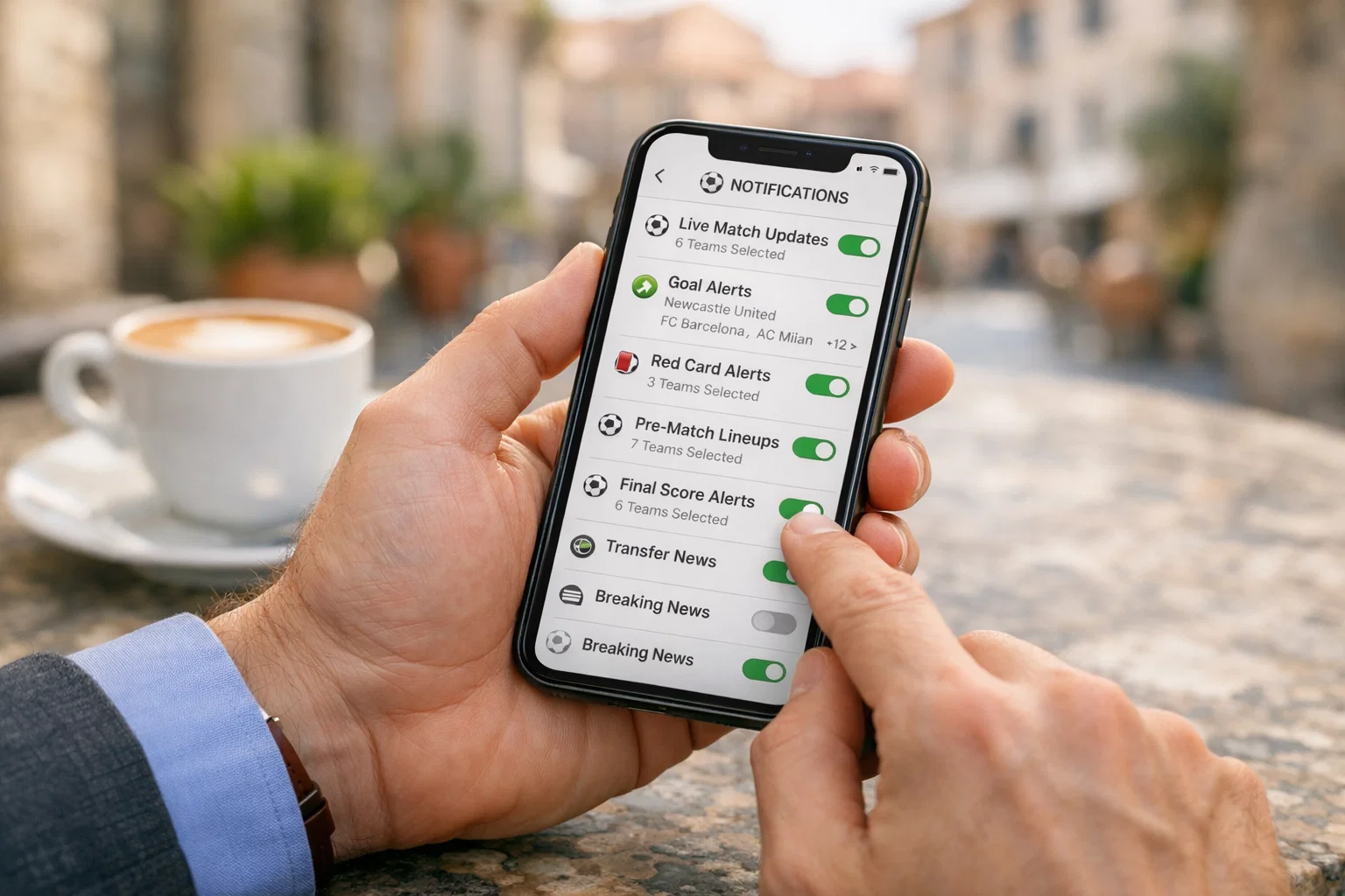 Mani che utilizzano smartphone per navigare su piattaforma sportiva
