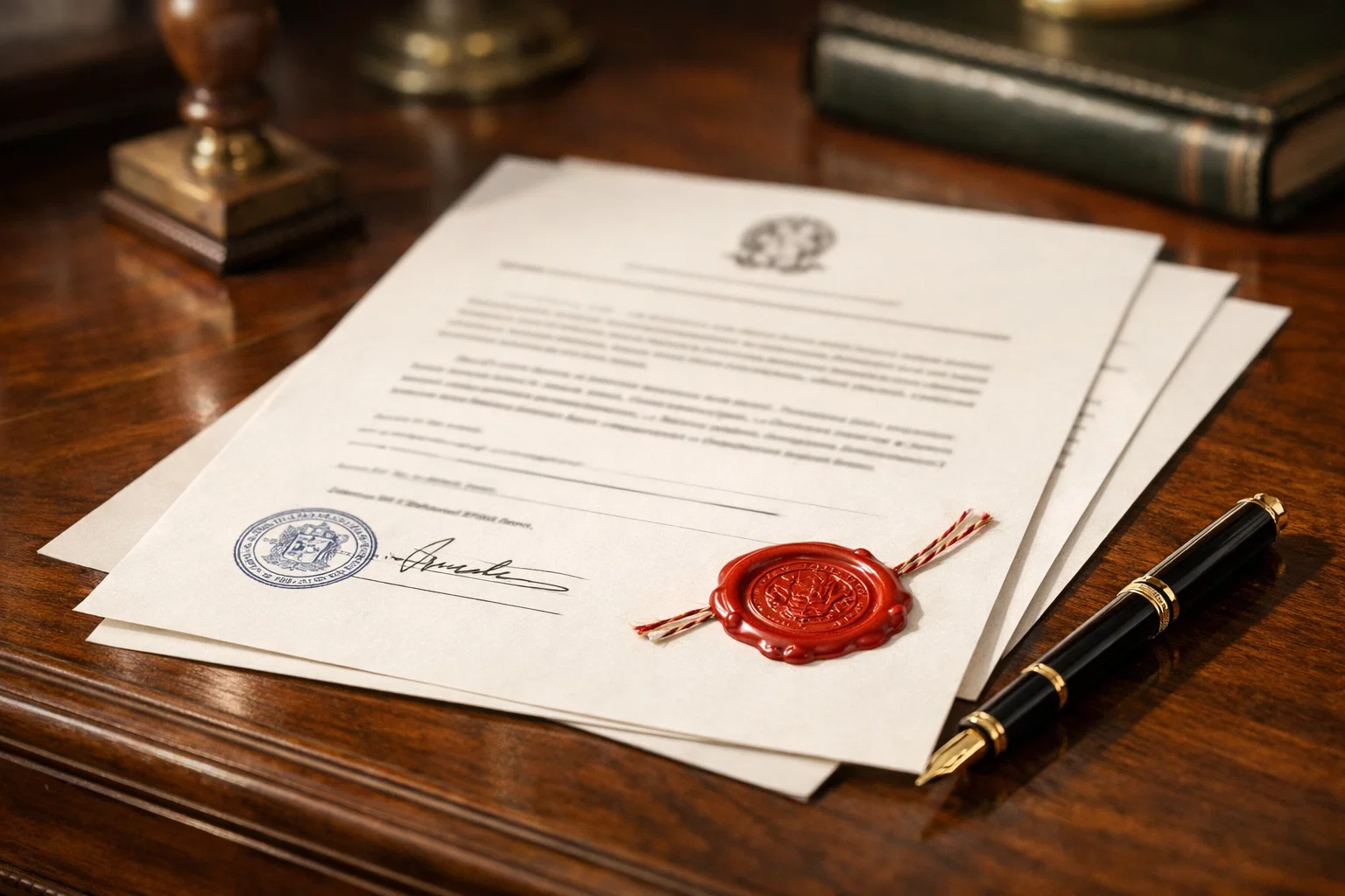 Documento ufficiale con timbro e sigillo su scrivania professionale