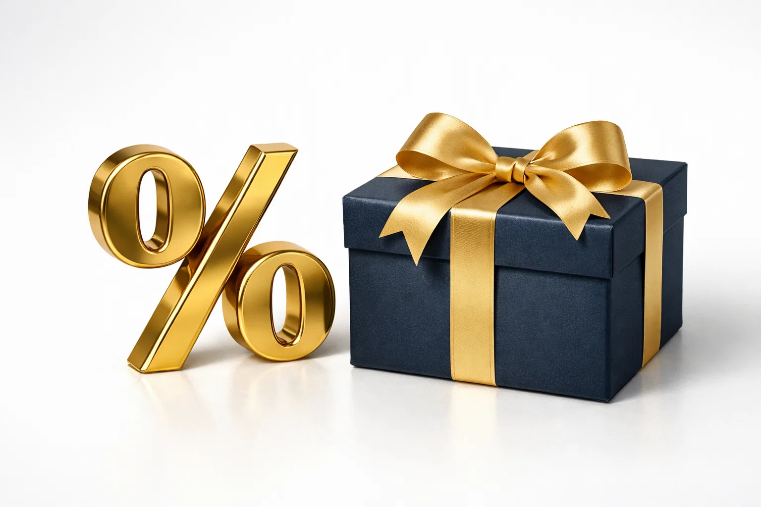 Simbolo percentuale dorato accanto a confezione regalo elegante