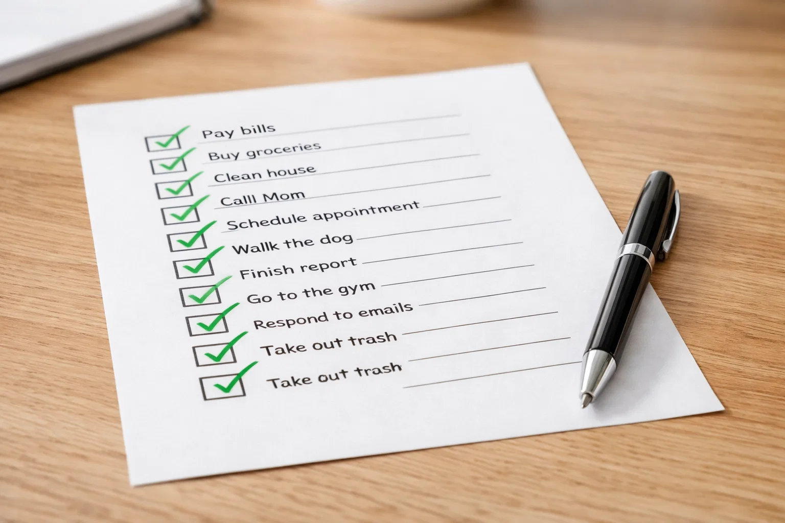 Checklist con spunte verdi su foglio di carta su scrivania