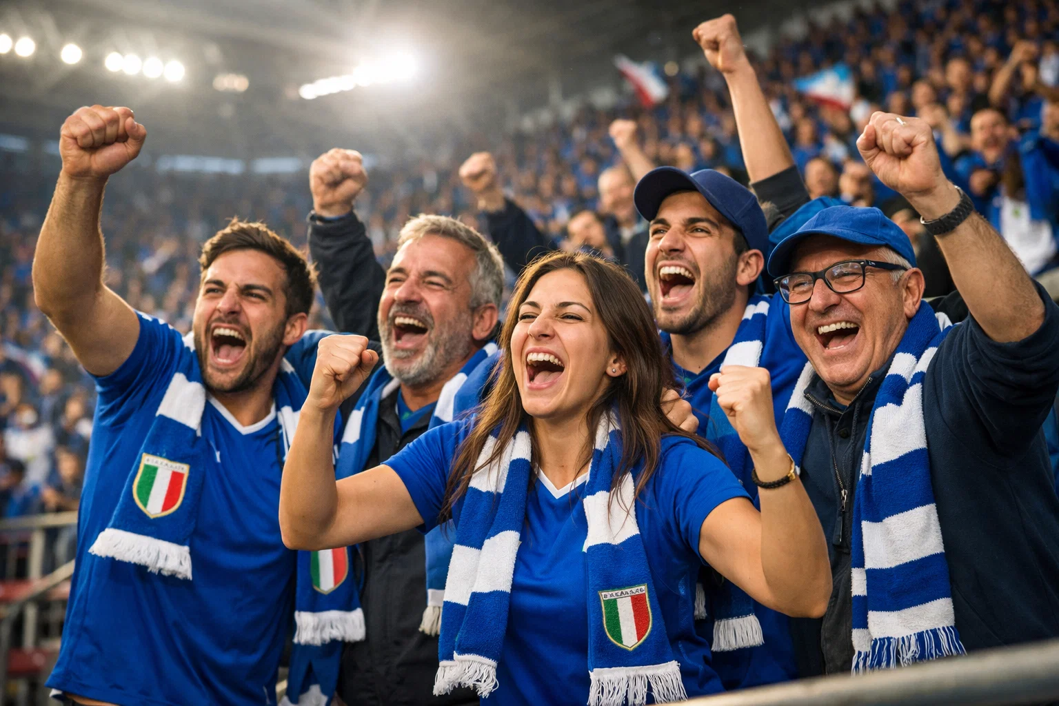 Tifosi italiani che esultano allo stadio durante partita di Serie A