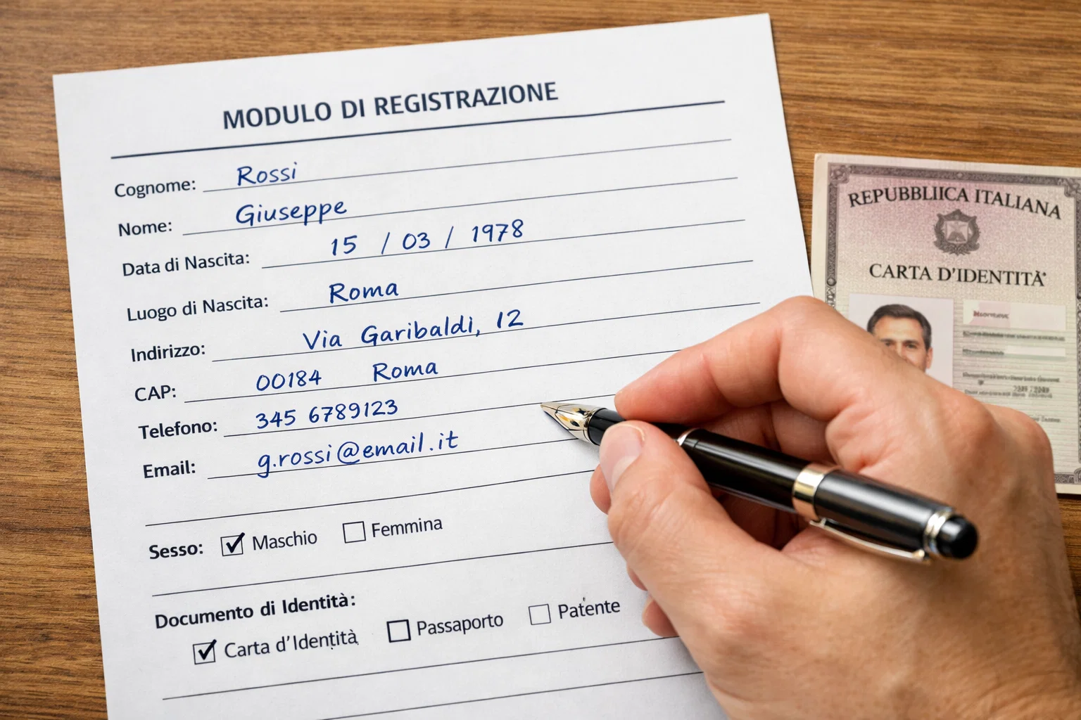 Modulo di registrazione compilato a mano con penna su scrivania