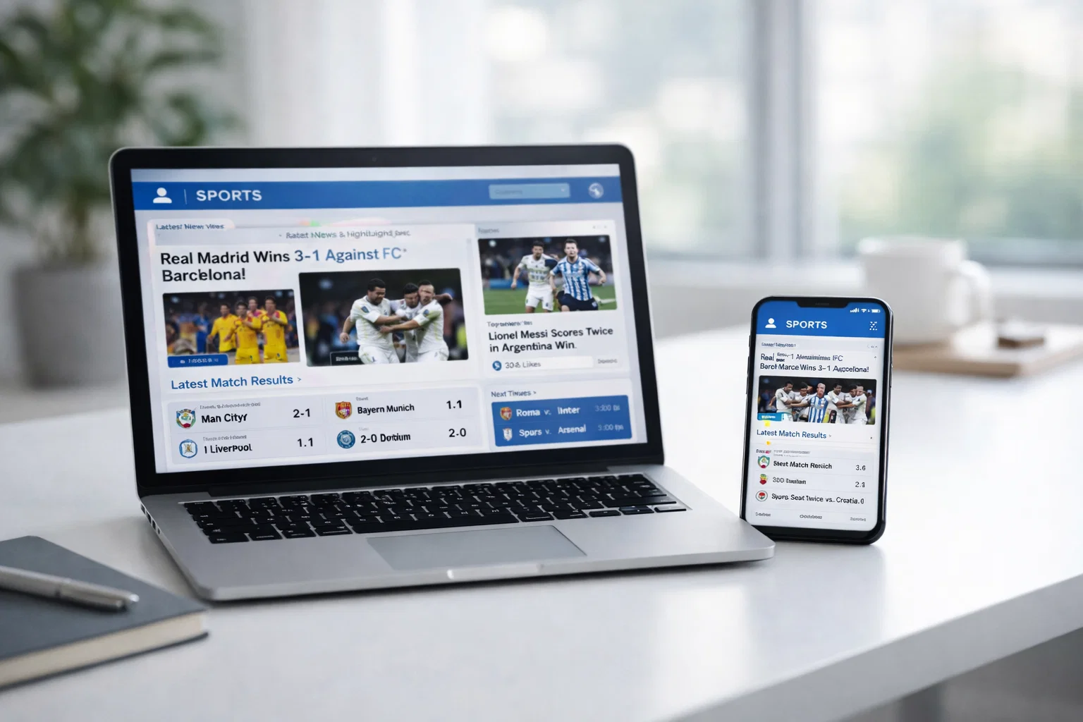 Laptop e smartphone su tavolo moderno con interfaccia pulita visibile