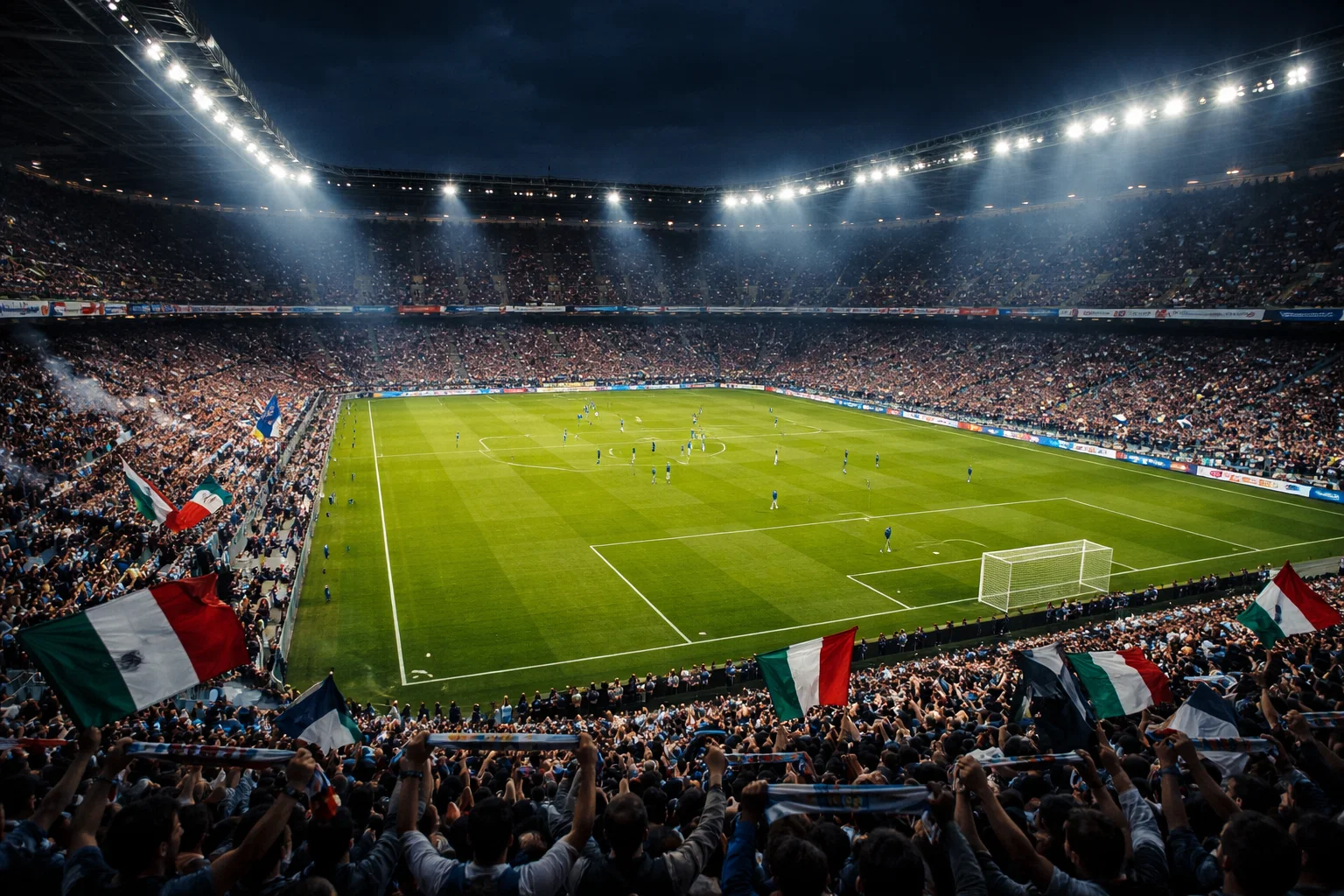 Stadio di calcio italiano durante una partita di Serie A con tifosi