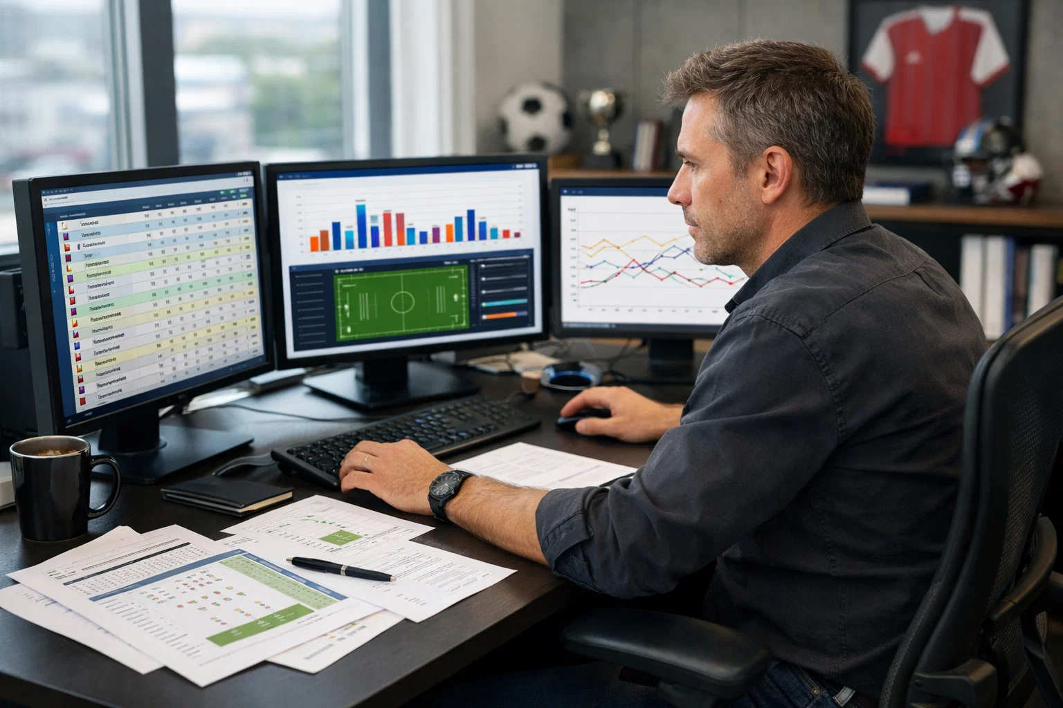 Analista sportivo che esamina statistiche di rendimento delle squadre
