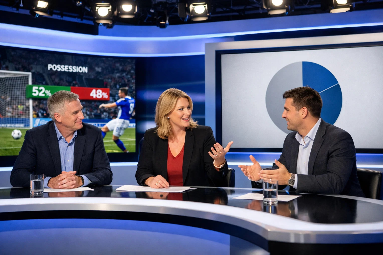 Esperti di calcio che discutono pronostici davanti a schermi con dati