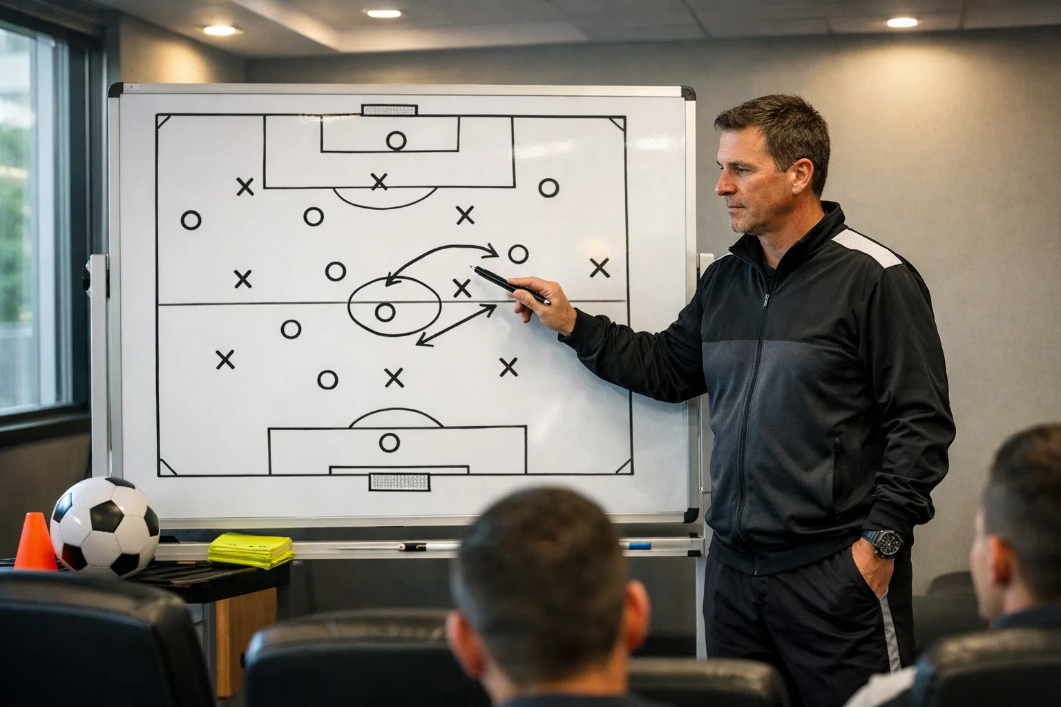 Allenatore di calcio che analizza tattiche su una lavagna