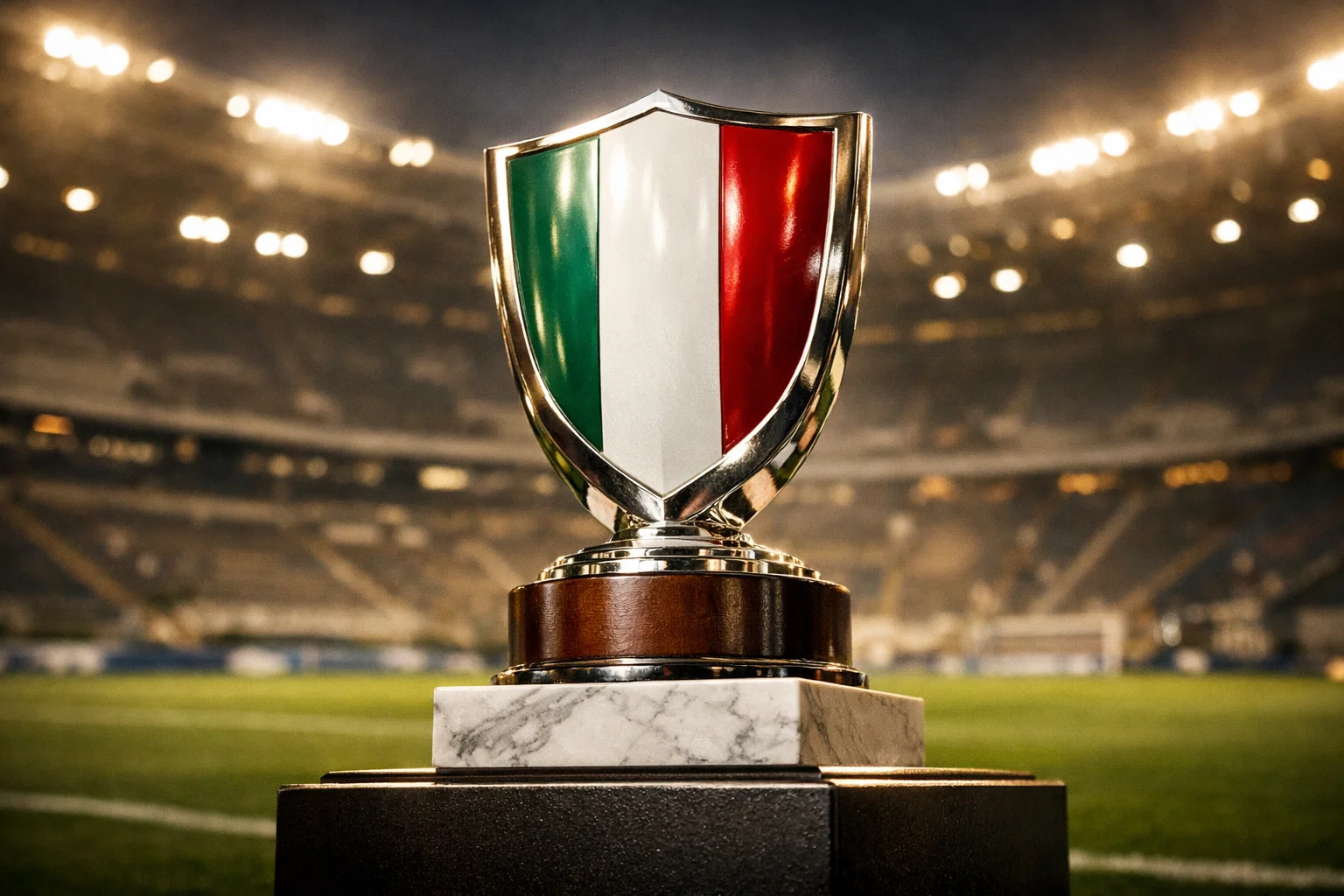 Trofeo dello scudetto della Serie A su sfondo di stadio