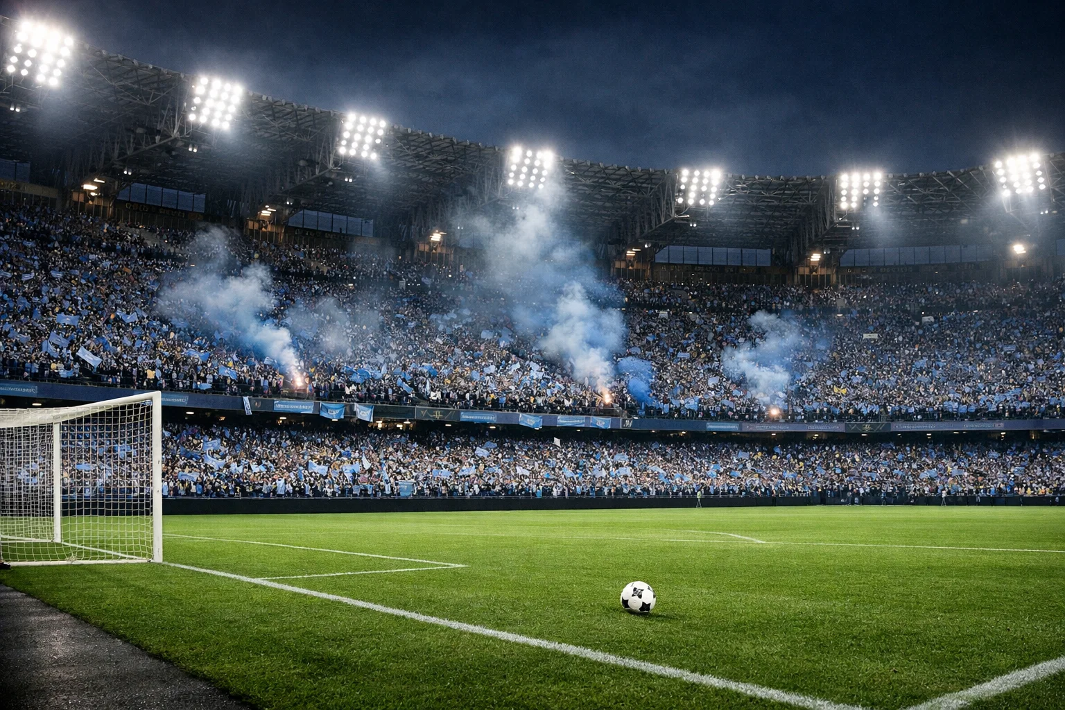 Tifosi Napoli allo stadio Maradona con bandiere azzurre