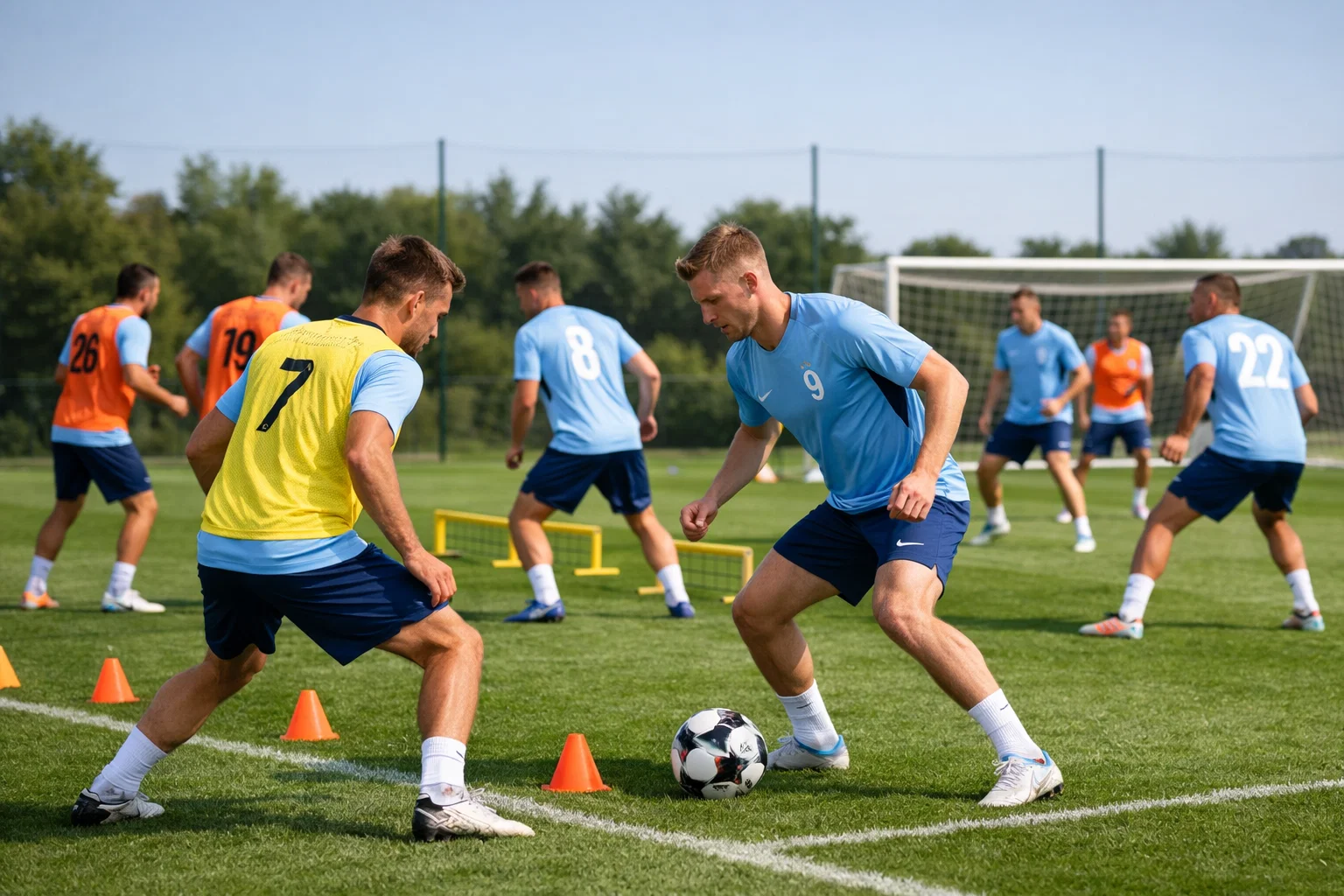 Squadra di calcio azzurra in allenamento