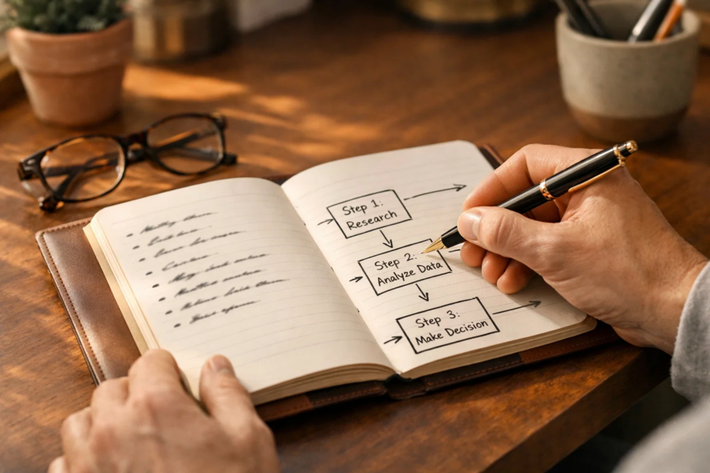 Persona pianifica strategie di scommesse con blocco note e penna su scrivania ordinata